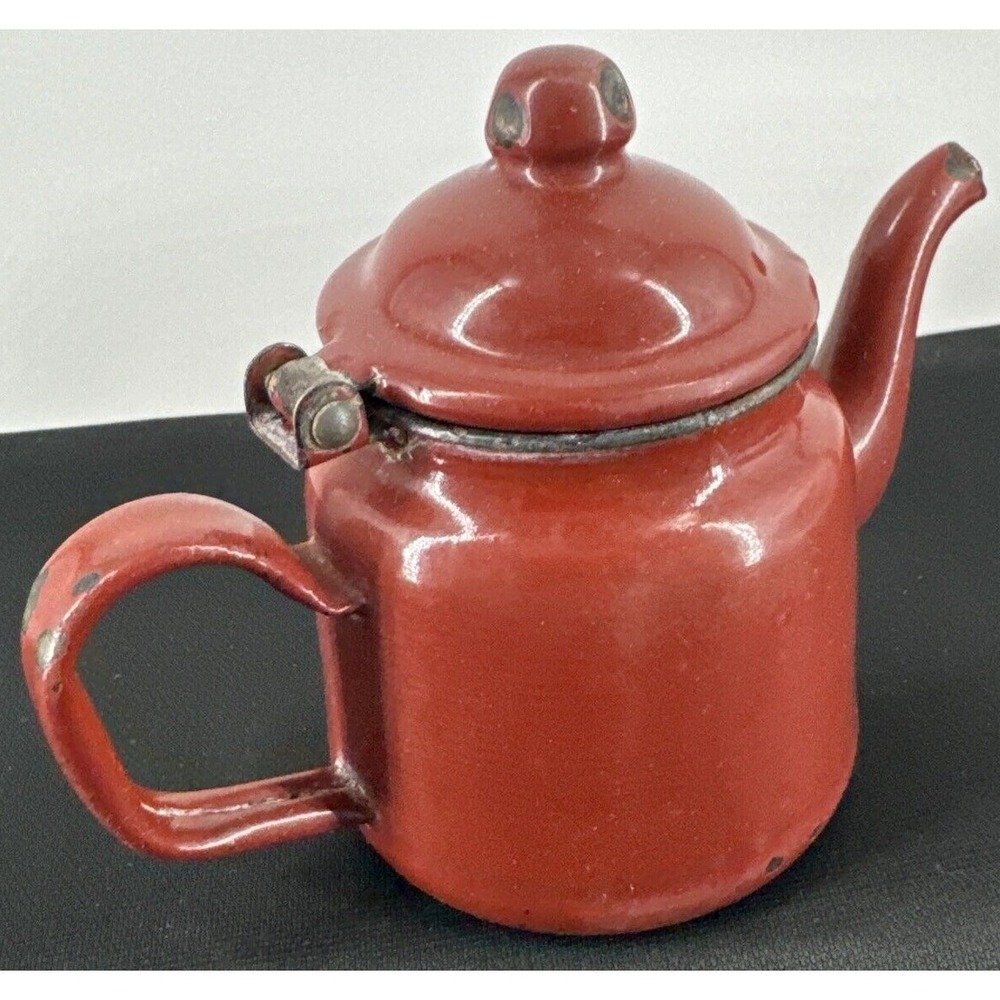 Teapot Burgundy Enamel Metal Farmhouse Decor 4.5" T Gooseneck Spout Distressed - Picture 5 of 11